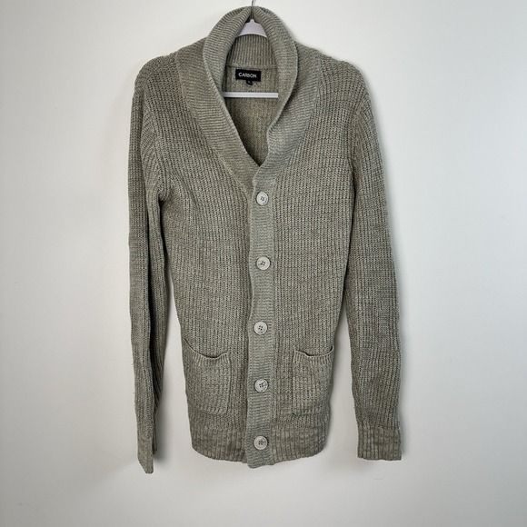 Carbon Cardigan Mens Small Gray Sweater Ribbed Shawl Collar Cozy Indie Grunge - Picture 1 of 10